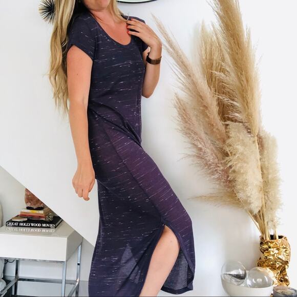 FP FREE PEOPLE Heather Blue Short Sleeve Scoop Tee Shirt Slit Maxi Midi Dress XS - Picture 1 of 8